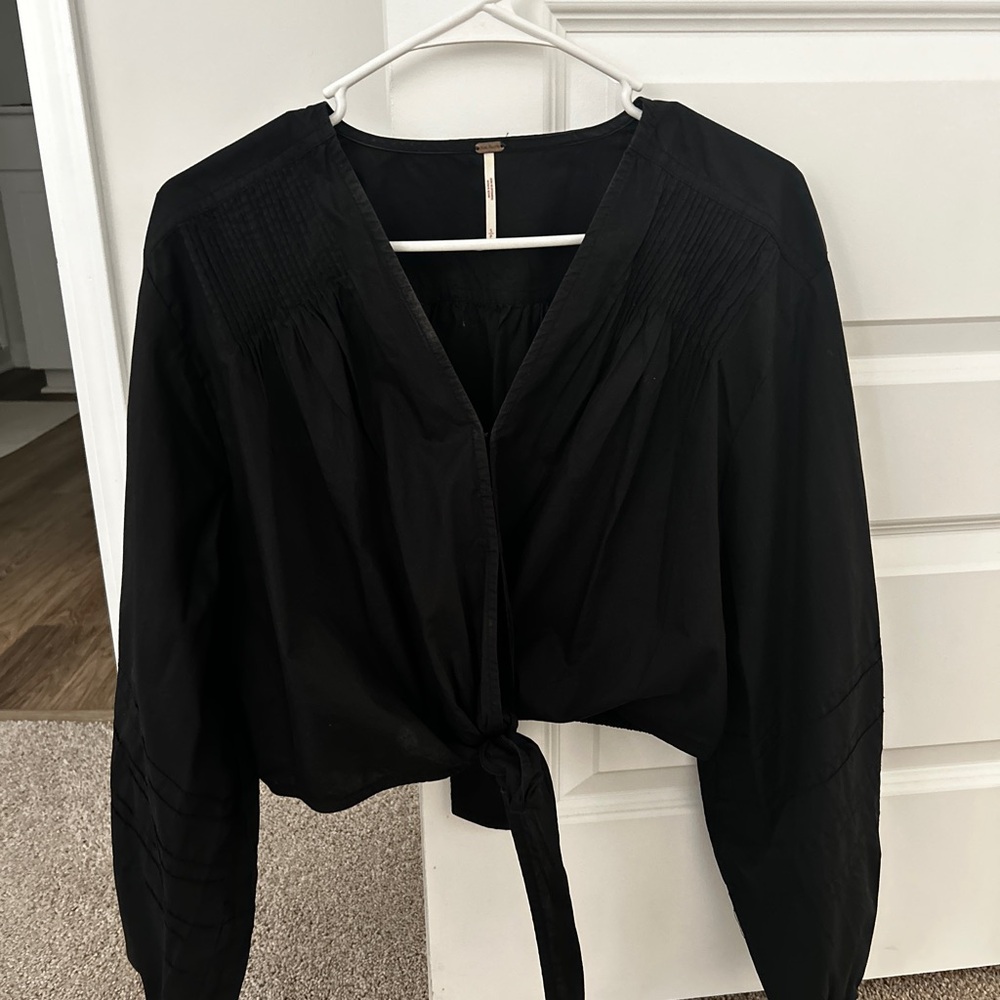 Black Tie-Front Blouse